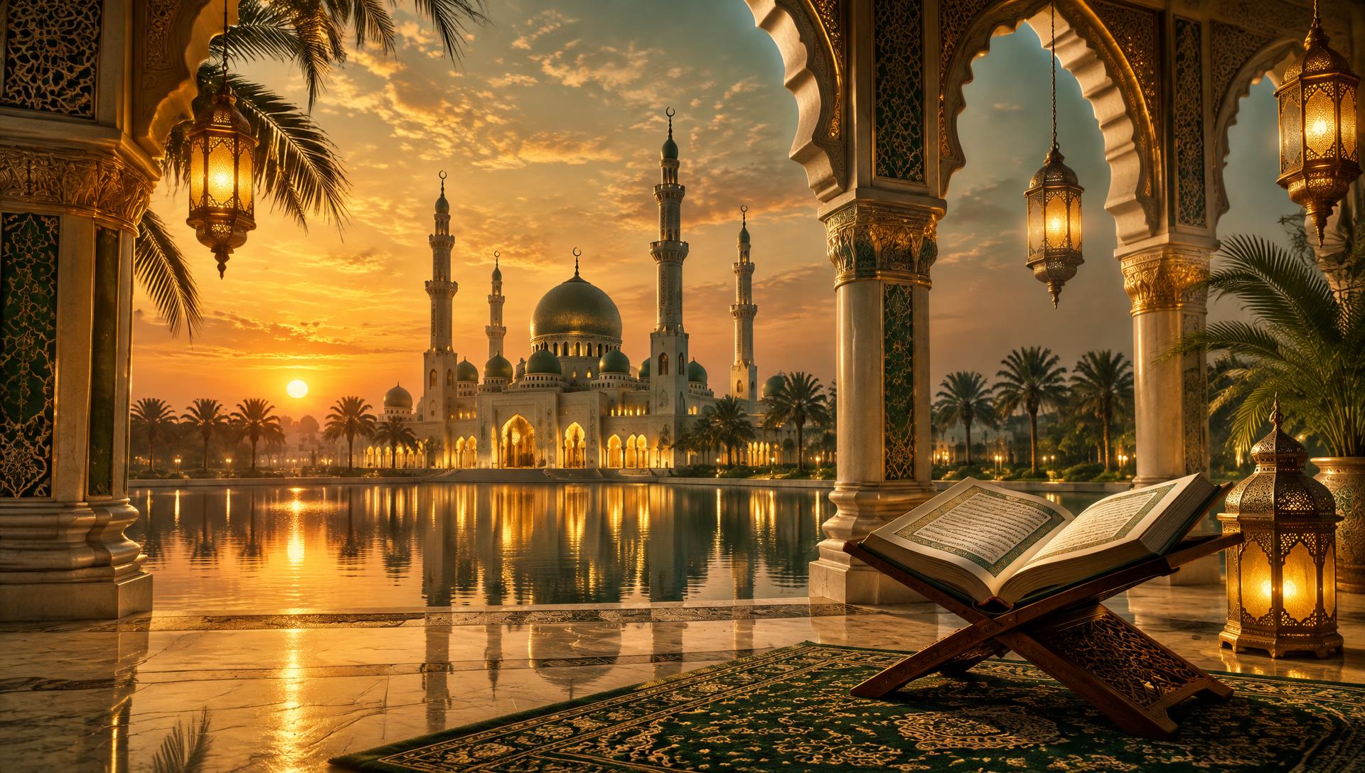 Grande mosquée au coucher du soleil vue à travers des arches islamiques